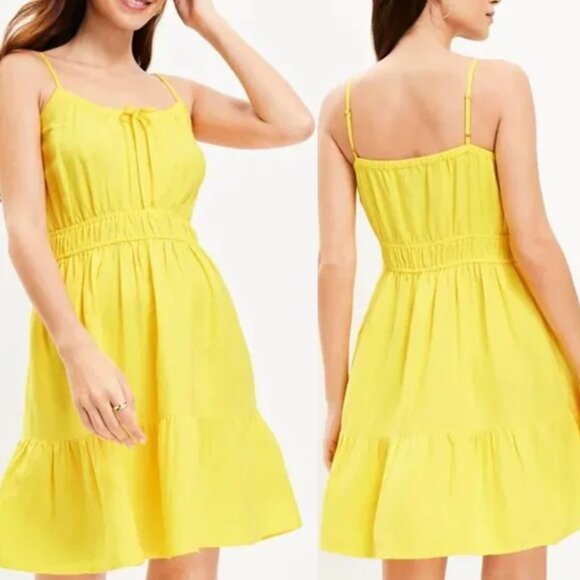 Loft Linen Viscose Blend Smocked Waist Tiered Cami Tank Mini Sun Dress, S - Picture 1 of 8